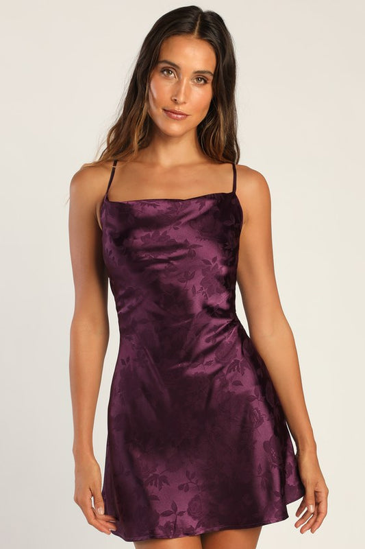 Close to Your Heart Plum Purple Satin Jacquard Cowl Slip Dress